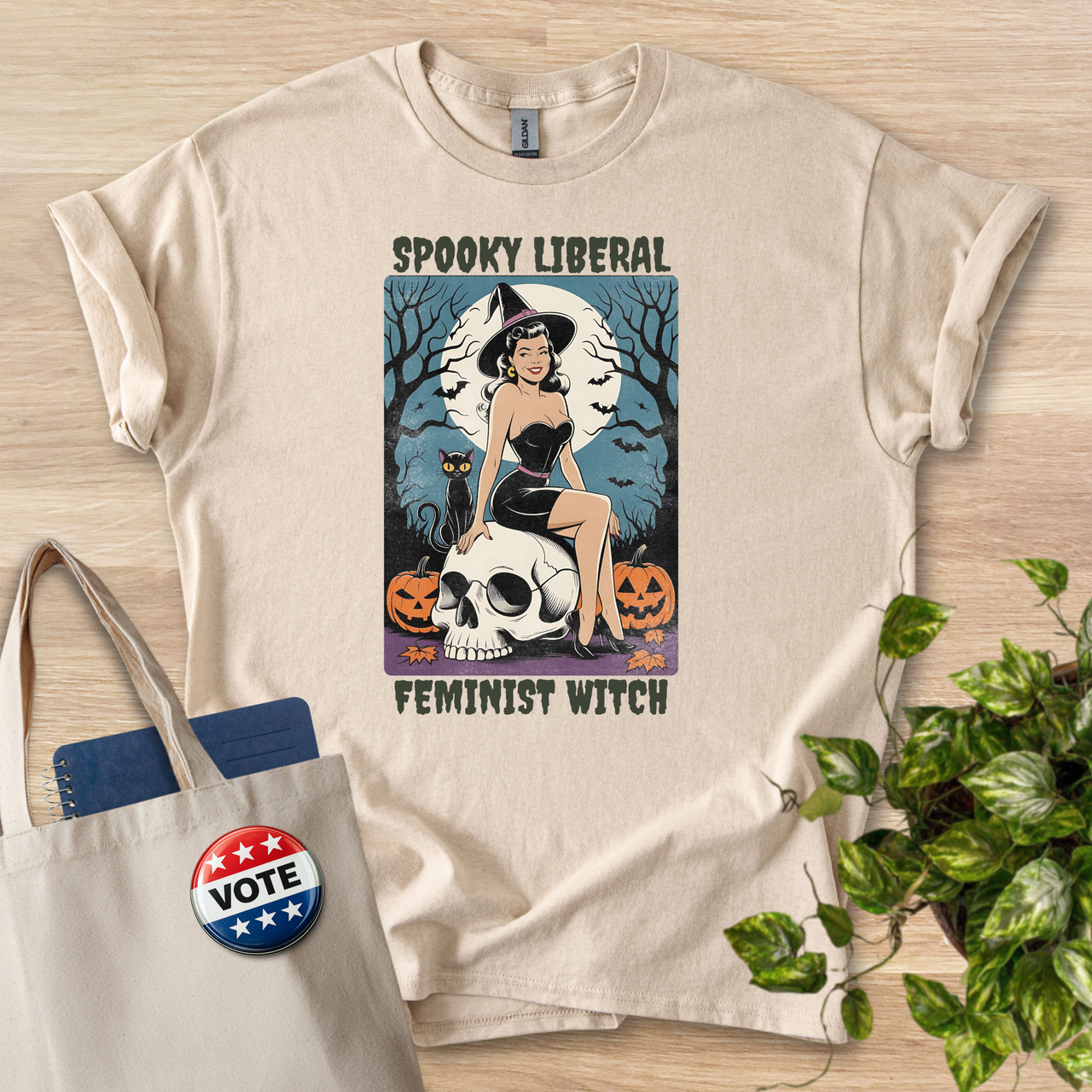 Spooky Liberal Feminist Witch Vintage Pinup Tee - Light Colors