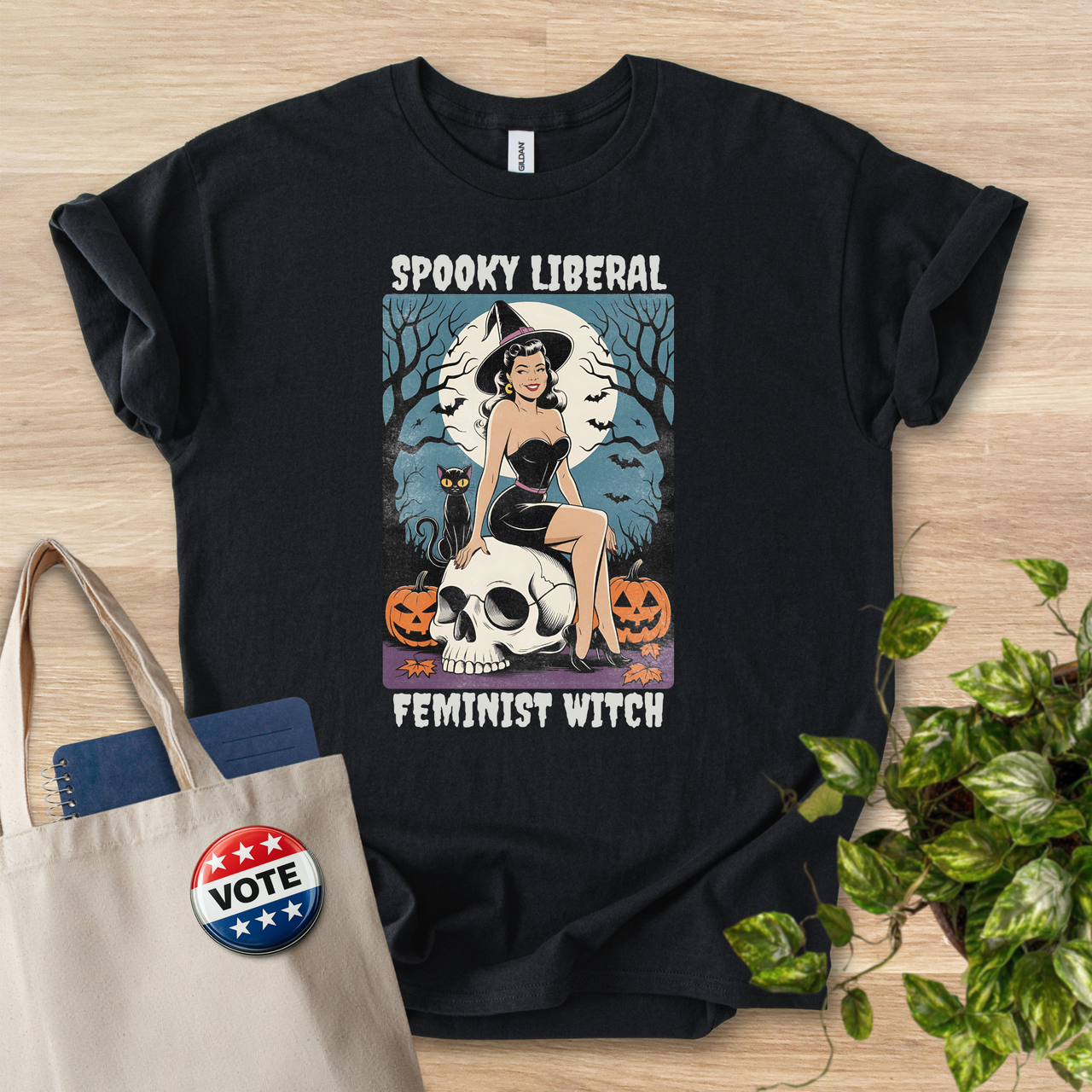 Spooky Liberal Feminist Witch Vintage Pinup Tee - Dark Colors